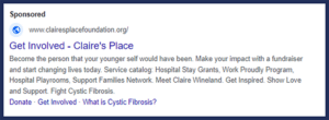 This example Google Ad for Claire’s Place promotes involvement opportunities.