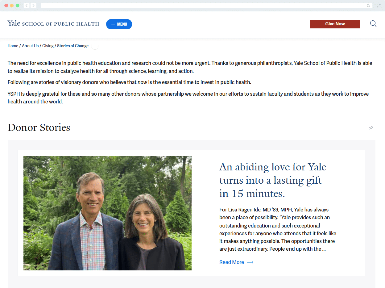 A screenshot of a donor spotlight page on the Yale School of Public Health's website