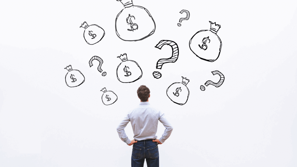 Person looking at a wall with bags of money and question marks drawn on it