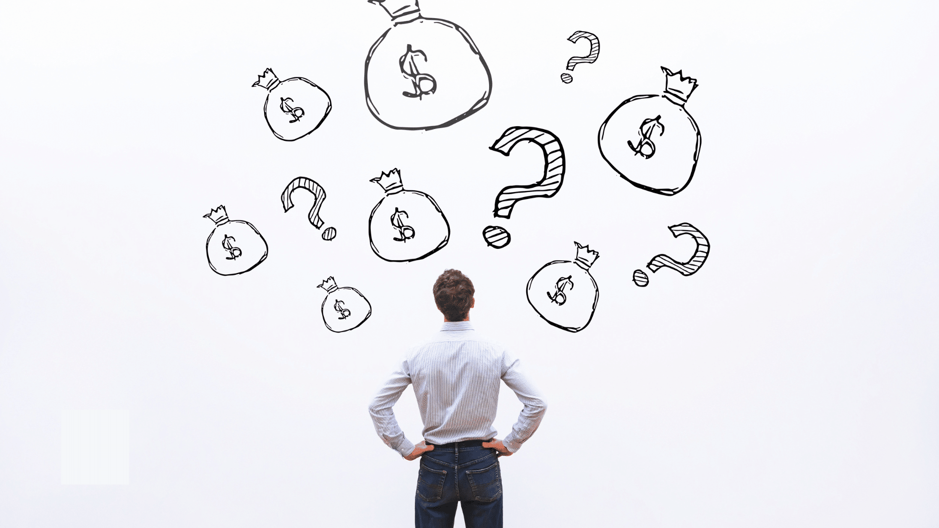 Person looking at a wall with bags of money and question marks drawn on it