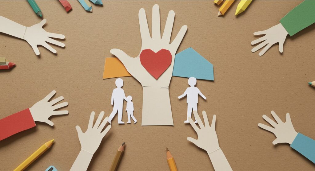 Paper cutout illustration of hands reaching inward toward a large hand with a red heart in the center, surrounded by paper figures of people and small house shapes on a brown background